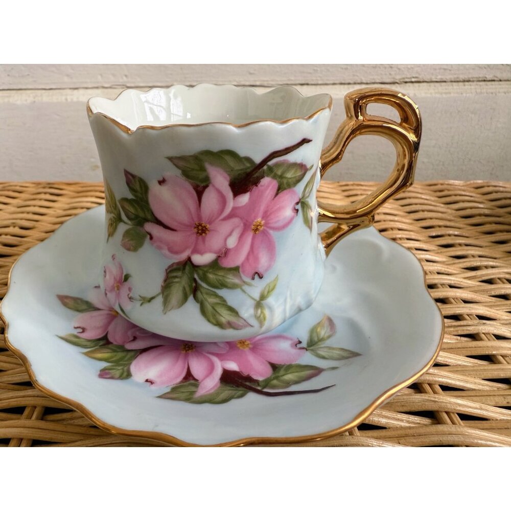 Vintage 80's Lefton Hertiage Coffee/Teacup & Saucer Blue Pink Flowers